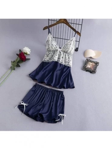 Slips Sexy Lingerie for Women Plus Size Satin Lace V-Neck Camisole Bowknot Shorts Set Sleepwear Pajamas Lingerie - Navy - CT1...