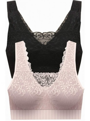 Bras Seamless Padded Lace Cami Wirefree Comfort Bra w/Removable Pads-2-Pack - Black / Dahlia - CX18ZWNK5N0 $49.94