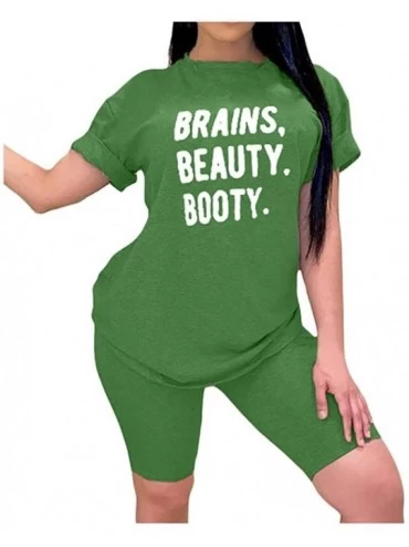 Sets Womens Casual Pajama Set Short Sleeve Top Printed Sleepwear Pjs Shorts Sets 2PCs Nightwear Brains Beauty Booty Green - C...