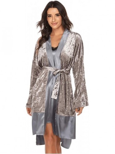 Robes Women's Retro Metallic Velvet Side Slit Night Robe Sleepwear - Grey - CM196HC452T $60.65