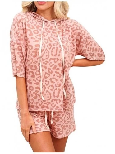 Sets Women's Pajama Sets Leopard Print Lounge Wear Sleepwear Nightwear with Ruffle Shorts Two Piece Romper Set - Pink - CU198...