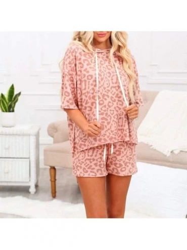 Sets Women's Pajama Sets Leopard Print Lounge Wear Sleepwear Nightwear with Ruffle Shorts Two Piece Romper Set - Pink - CU198...