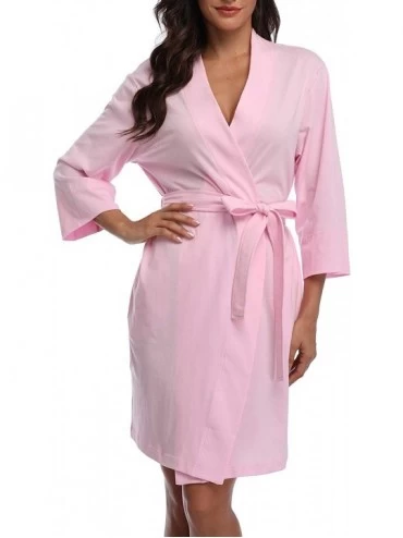 Robes Women Kimono Robes Cotton Lightweight Short Knit Bathrobe V-Neck Sleepwear Ladies Loungewear - Pink - CB18XE8IK3O $40.97