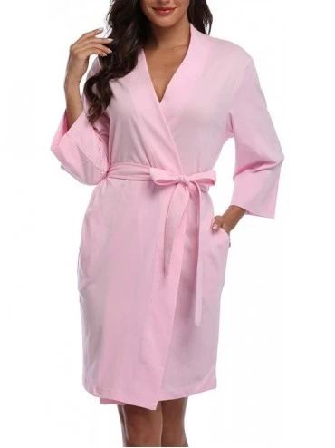 Robes Women Kimono Robes Cotton Lightweight Short Knit Bathrobe V-Neck Sleepwear Ladies Loungewear - Pink - CB18XE8IK3O $27.50