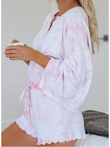 Sets Women's Tie Dye Leopard Printed Pajamas Set Long Sleeve Ruffle Shorts PJ Set Loungewear - Cherry Pink - CF197M2NIZ5 $63.77