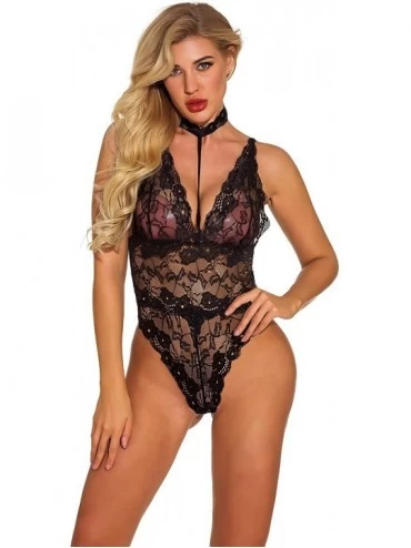 Nightgowns & Sleepshirts Women's Lingerie One Piece Bodysuit Embroidered Lace Teddy with Choker - Black - C8193L87R6H $15.99