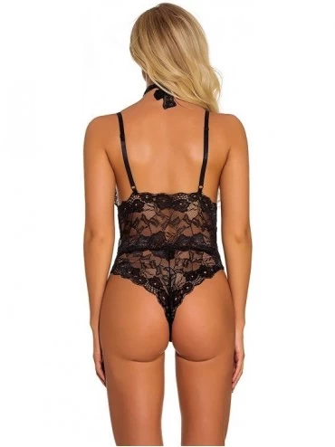 Nightgowns & Sleepshirts Women's Lingerie One Piece Bodysuit Embroidered Lace Teddy with Choker - Black - C8193L87R6H $15.99