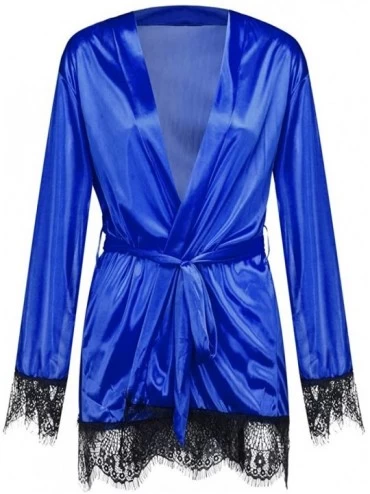 Robes Womens Spring Bath Robe Womens Solid Nightdress Homewear Bath Robe Silk Lace Nightgown Loungewear Bathrobe Blue - CV18M...