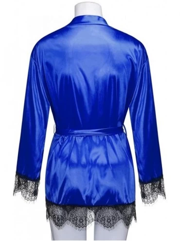 Robes Womens Spring Bath Robe Womens Solid Nightdress Homewear Bath Robe Silk Lace Nightgown Loungewear Bathrobe Blue - CV18M...