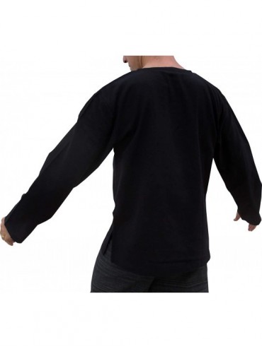 Robes Soft Summer Textured Cotton Open Slit Collar Long Sleeve Shirt - Black - CQ12ISEKOBL $31.53