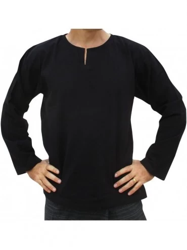 Robes Soft Summer Textured Cotton Open Slit Collar Long Sleeve Shirt - Black - CQ12ISEKOBL $17.76