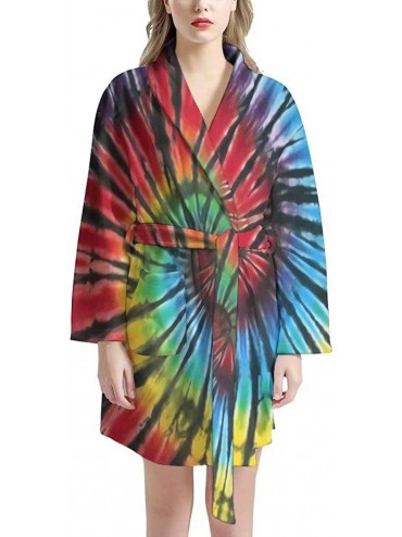 Robes Womens Bathrobe Long Sleeves Sleepwear with Pockets Girls Soft Pajama Tie Knee Length Wedding Robe Tie Dye Black - C919...