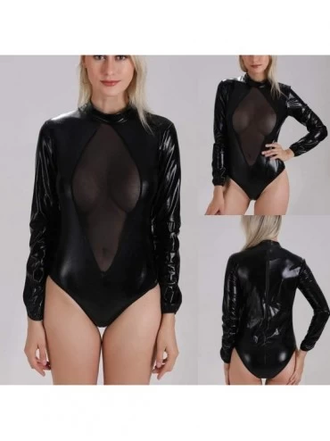 Bustiers & Corsets Women Sexy Artificial Leather Clubwear Longsleeve Bodysuit Jumpsuits Lingerie Black - C318SL7L4CO $12.12