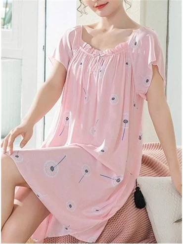 Nightgowns & Sleepshirts Womens Nightgown Cute Short Sleeve Printed Cotton Sleep Tee Nightshirt - Pink Dandelion - CW18SGGIUT...