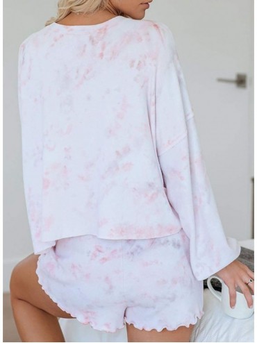 Sets Women's Tie Dye Leopard Printed Pajamas Set Long Sleeve Ruffle Shorts PJ Set Loungewear - Cherry Pink - CF197M2NIZ5 $63.77