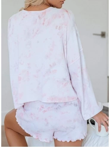 Sets Women's Tie Dye Leopard Printed Pajamas Set Long Sleeve Ruffle Shorts PJ Set Loungewear - Cherry Pink - CF197M2NIZ5 $26.57