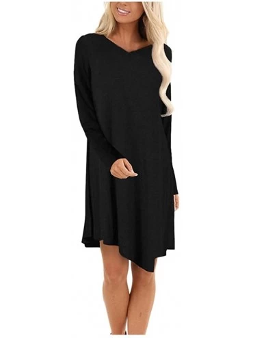 Nightgowns & Sleepshirts Women's Long Sleeve Casual Dress Solid Loose T-Shirt Dress Nightwear Sleepwear Pajamas - Black - CK1...