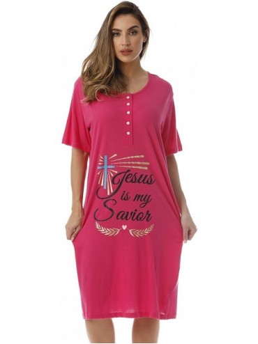 Nightgowns & Sleepshirts Short Sleeve Nightgown Sleep Dress for Women Sleepwear - Fuchsia - Jesus Savior - CV189TA2CEM $34.02