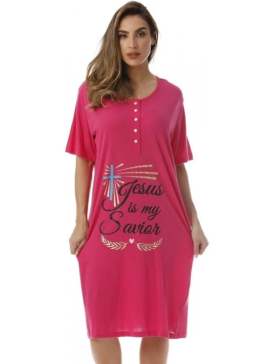 Nightgowns & Sleepshirts Short Sleeve Nightgown Sleep Dress for Women Sleepwear - Fuchsia - Jesus Savior - CV189TA2CEM $12.51