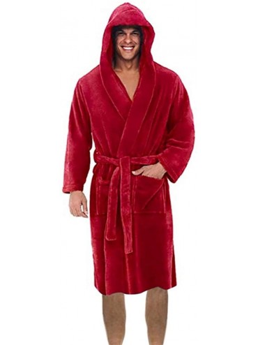 Robes Men's Winter Lengthened Plush Shawl Bathrobe Home Clothes Long Sleeve Robe Coat Bath Robe Bathrobe - A Red - CX194GUUX6...