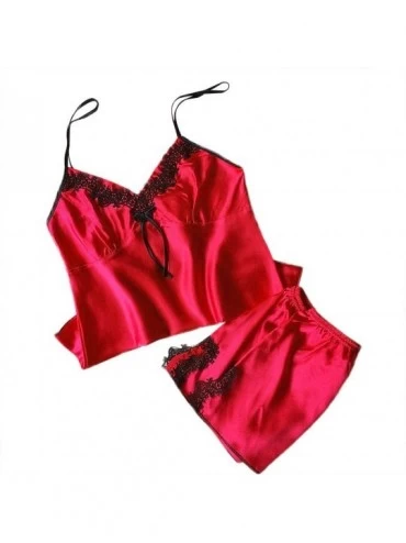 Sets Women Pajama Sets-Soft Sleepwears Sleeveless Strap Nightwear Lace Trim Satin Camisole and Shorts - Red - C518T204HTO $19.48