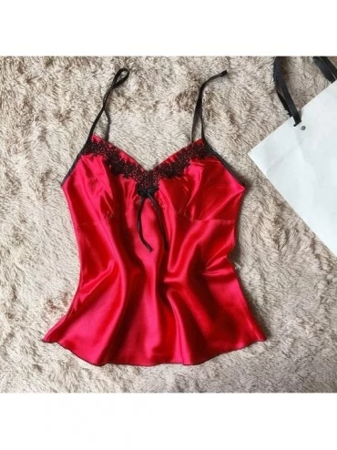 Sets Women Pajama Sets-Soft Sleepwears Sleeveless Strap Nightwear Lace Trim Satin Camisole and Shorts - Red - C518T204HTO $10.26
