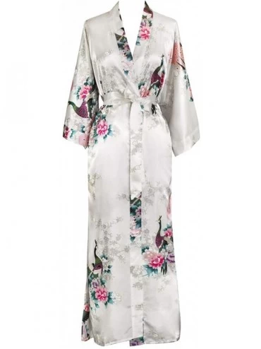Robes Women's Kimono Robe Long - Peacock & Blossoms - White (On-seam Pocket) - CS110L7ZQ6H $36.30