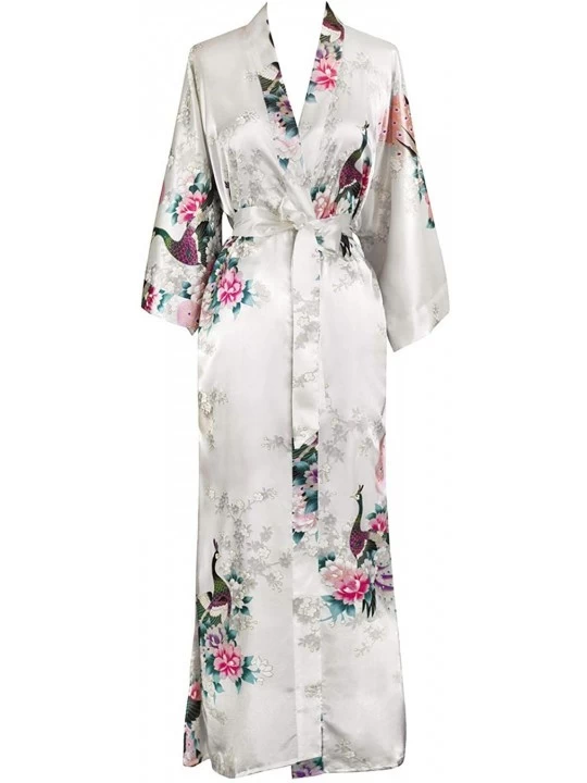 Robes Women's Kimono Robe Long - Peacock & Blossoms - White (On-seam Pocket) - CS110L7ZQ6H $36.30