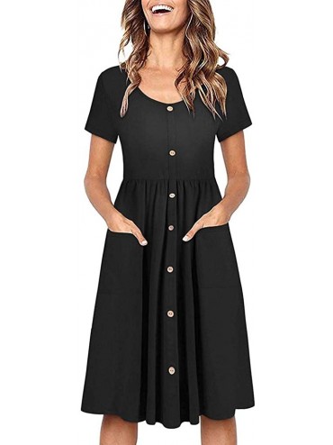 Bottoms Women Skirt Short Sleeve Solid Round Neck Button Sundress Pockets Casual Swing Dress - Black - C918QLGYNHG $42.88
