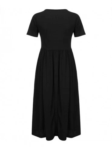 Bottoms Women Skirt Short Sleeve Solid Round Neck Button Sundress Pockets Casual Swing Dress - Black - C918QLGYNHG $21.17