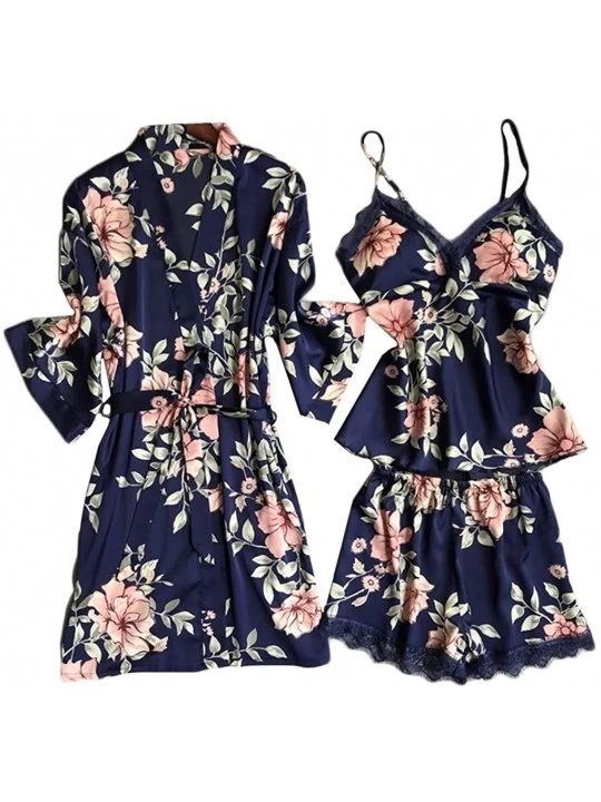 Nightgowns & Sleepshirts 5PC Sexy Lace Satin Robe Bathrobe Trousers Shorts Lingerie Set Pajamas Sleepwear - Blue1 - CL1978MZO...