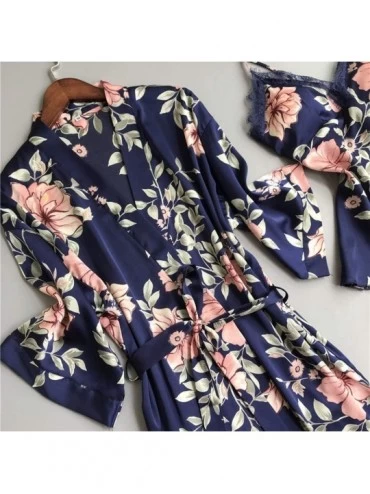 Nightgowns & Sleepshirts 5PC Sexy Lace Satin Robe Bathrobe Trousers Shorts Lingerie Set Pajamas Sleepwear - Blue1 - CL1978MZO...