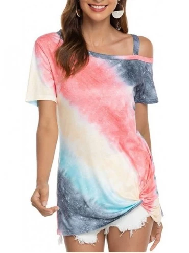 Tops Casual Printed Gradient-Print Short Shoulder Sleeve Hem T-Shirt Blouse Tank Dresses - Multi Color - C1190O0E4EE $24.33
