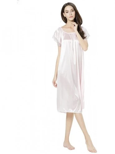 Nightgowns & Sleepshirts Women's Short Sleeve Lace Trim Satin Silky Long Nightgown Sleepwear Dress - Light Pink - CZ12E7APVX5...