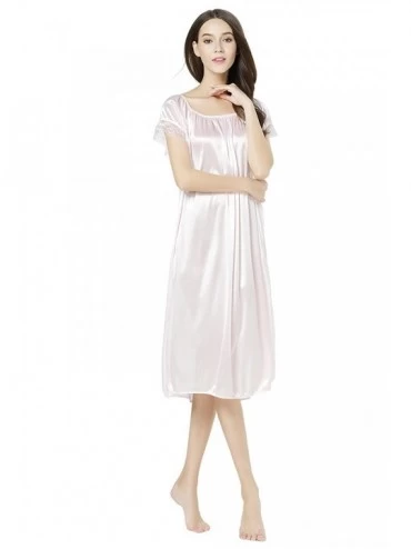 Nightgowns & Sleepshirts Women's Short Sleeve Lace Trim Satin Silky Long Nightgown Sleepwear Dress - Light Pink - CZ12E7APVX5...