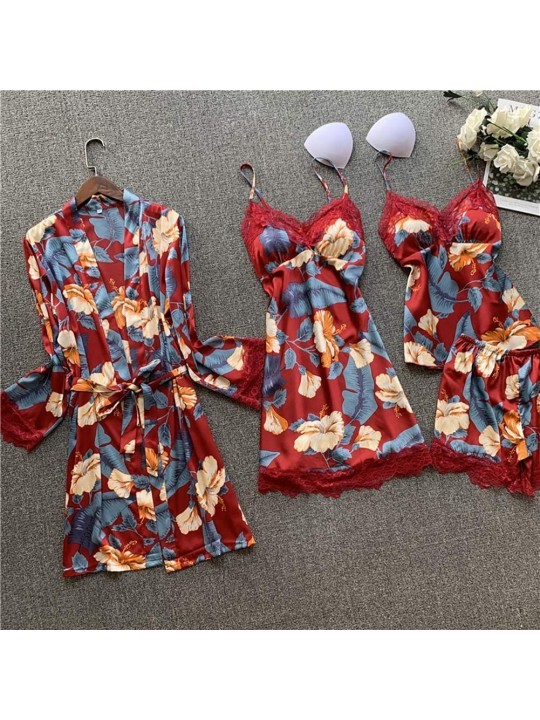 Women's 4pcs Silk Satin Pajama Set Cami Top Nightgown Lace Sleepwear ...