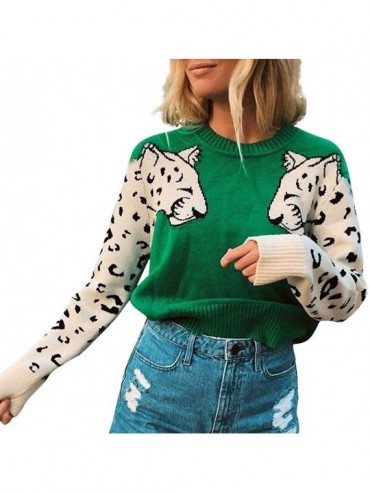 Thermal Underwear Women Animal Print Patchwork Cute Sweater O-Neck Long Sleeve Loose Pullover Top - Green - C9192YIUD8Q $61.93