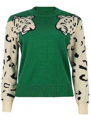 Thermal Underwear Women Animal Print Patchwork Cute Sweater O-Neck Long Sleeve Loose Pullover Top - Green - C9192YIUD8Q $22.66