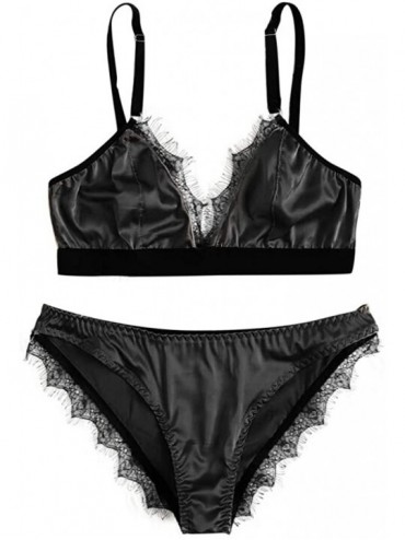 Nightgowns & Sleepshirts Sexy Satin Lace Patchwork Sleepwear for Women Lingerie Underwear Set - Black - CJ18SWL29TW $22.59