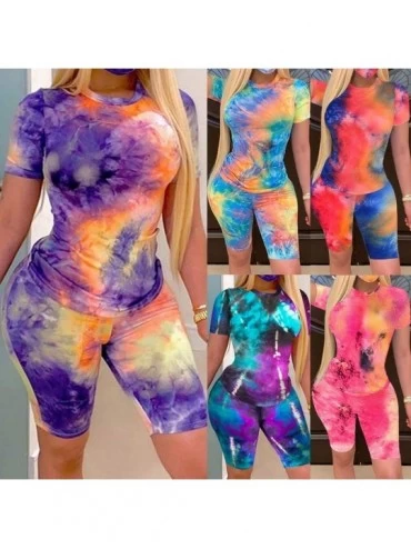 Sets Womens Summer Tie Dye Short Sleeve Pullover Top + Bodycon Shorts Tie Dye Casual Yoga Suit Plus Size Multicolor - CZ190U7...