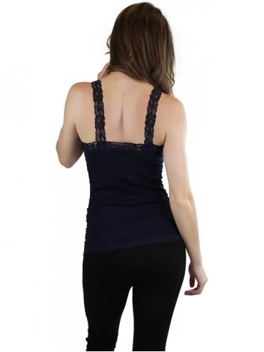 Camisoles & Tanks Women's Wrinkled Seamless Camisole Top w/Floral Lace Trim Straps - Navy - CA12FSXDRAT $13.21