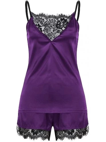 Sets Women's Satin Pajama Cami Set Silky Lace Nightwear 2 Piece Lingerie Short Sleepwear - A - Purple - CP1952DK7TM $9.09