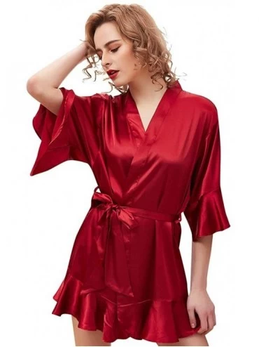 Robes Women's Sexy Ruffle Kimono Robes Ruffle V-Neck Bathrobe Belt Three Quarter Sleeve Sleepwear - Red - CC18W9TUDDH $20.93