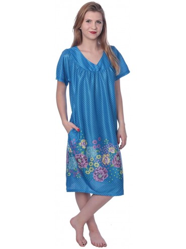 Nightgowns & Sleepshirts Women's Short Sleeve Housecoat Floral Duster Nightgown - V-neck Blue With Prints - CY19G9K3NH9 $30.47