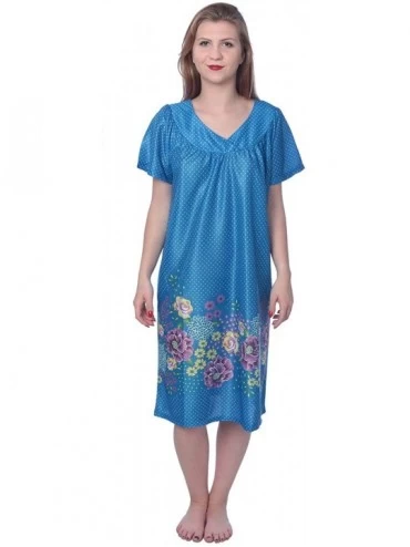 Nightgowns & Sleepshirts Women's Short Sleeve Housecoat Floral Duster Nightgown - V-neck Blue With Prints - CY19G9K3NH9 $12.33