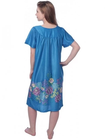 Nightgowns & Sleepshirts Women's Short Sleeve Housecoat Floral Duster Nightgown - V-neck Blue With Prints - CY19G9K3NH9 $12.33