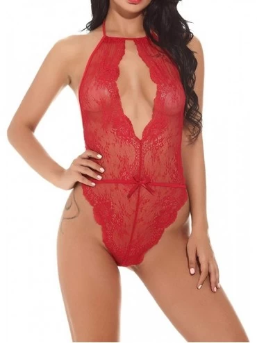 Baby Dolls & Chemises Ladies Babydoll Teddy Sexy Lingerie Jumpsuit Pajamas Set - Red - CA197X5G0SK $23.10