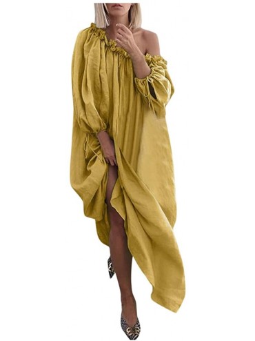 Nightgowns & Sleepshirts Women's Off Shoulder Summer Long Sleeve Casual Long Ruffle Beach Maxi Dress - Yellow - CQ18XNQXR9S $...