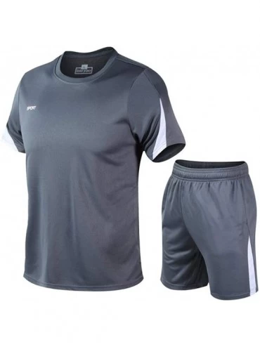 Shapewear Men's Casual Lattice Suit Summer Short Sleeve Shirt Shorts Pants Two Peice Suit - E Gray - CW197ICKM98 $21.78