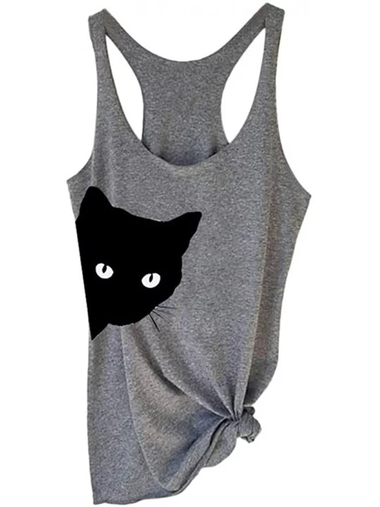 Slips Fashion Womens Tank Tops Sleeveless Cat Print Casual Shirts Vest Camis Loose Blouses O-Neck Tee T-Shirt - Gray - CE194T...